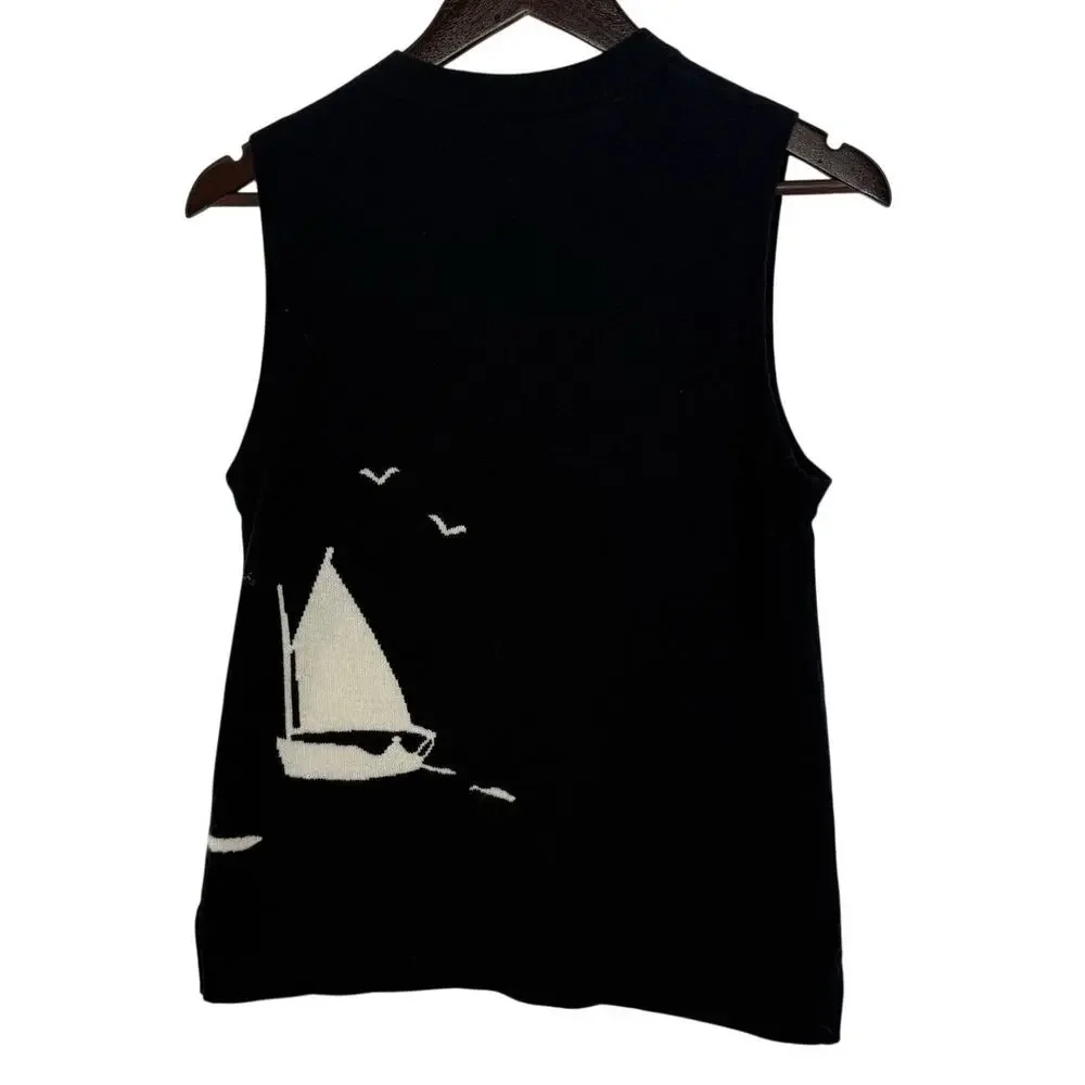 J.Crew Cashmere Sweater Vest Womens M Navy Blue Sailboat Intarsia Coastal 2007